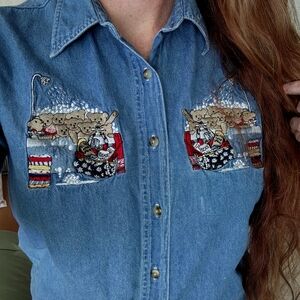 Quizz Again Embroidered Denim Shirt with Bear Design